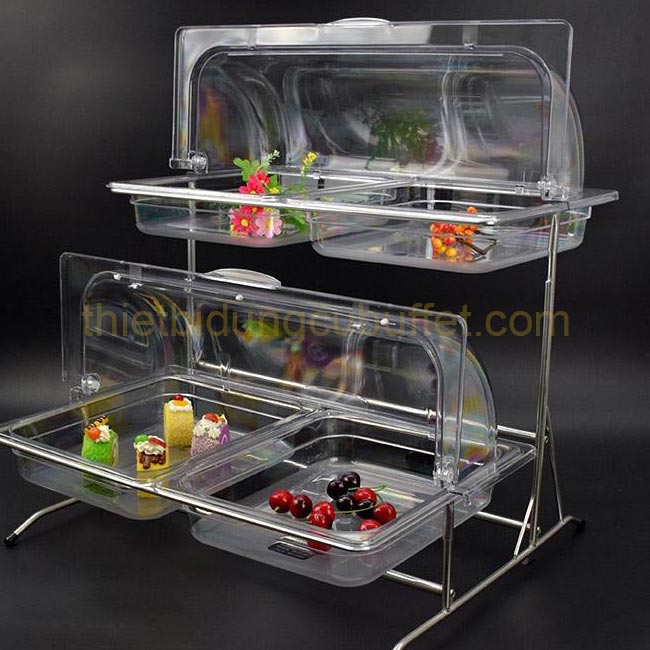Kệ trưng bày thức ăn buffet 2 tầng khay 1/2 nắp PC thu gọn 90 độ KB2722