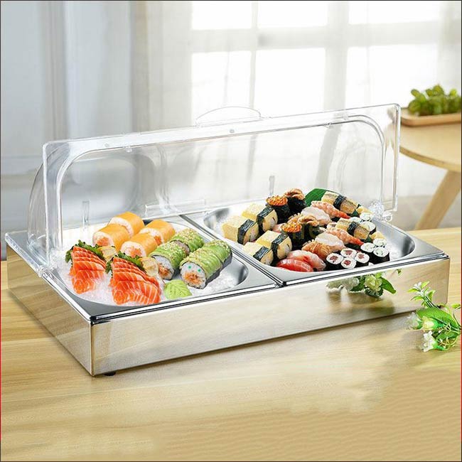 Khay inox chữ nhật 2 ngăn trưng bày thức ăn lạnh KB1140-2