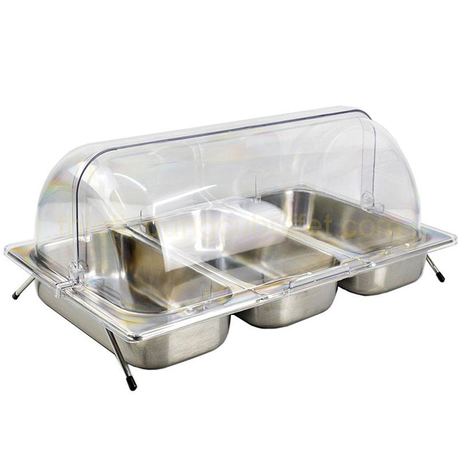 Kệ để khay inox chữ nhật 3 ngăn sâu 65 mm trưng bày thức ăn nắp PC KB2706-365