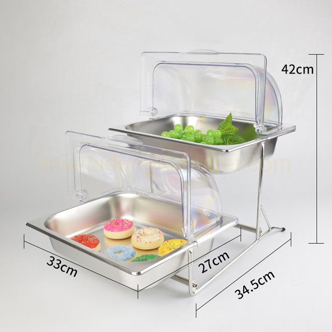kích thước Kệ đựng thức ăn buffet 2 tầng khay 1/2 inox nắp PC thu gọn 90 độ KB2723-65