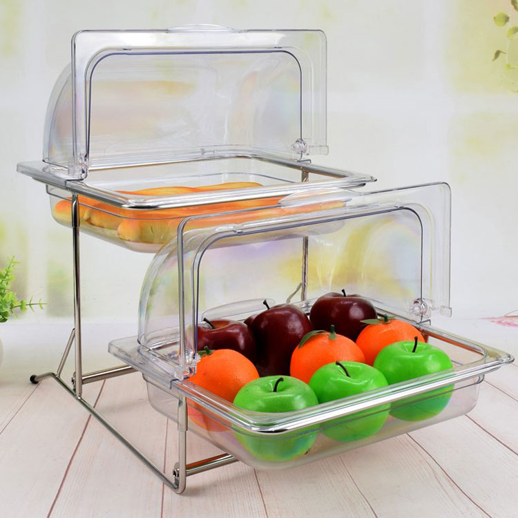 Kệ đựng thức ăn buffet 2 tầng khay 1/2 nhựa nắp PC thu gọn 90 độ KB2724-65