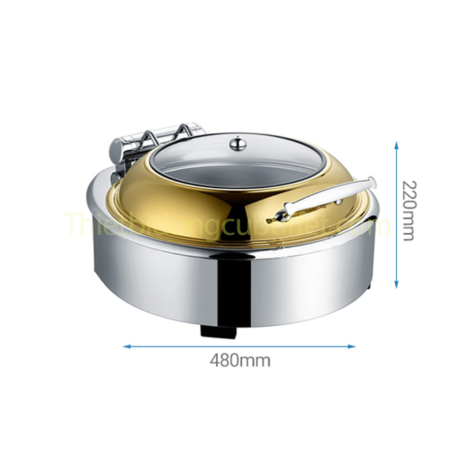 Kich thước nồi hâm buffet điện tròn nắp kiếng mạ vàng gắn trục thủy lực lớn NF2131-G