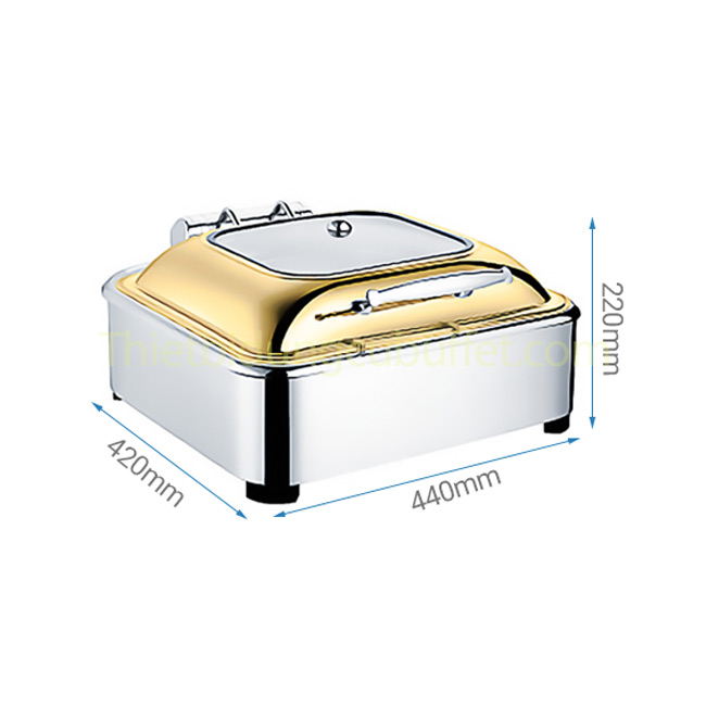 Kích thước nồi hâm buffet điện vuông nắp kiếng mạ vàng gắn trục thủy lực lớn