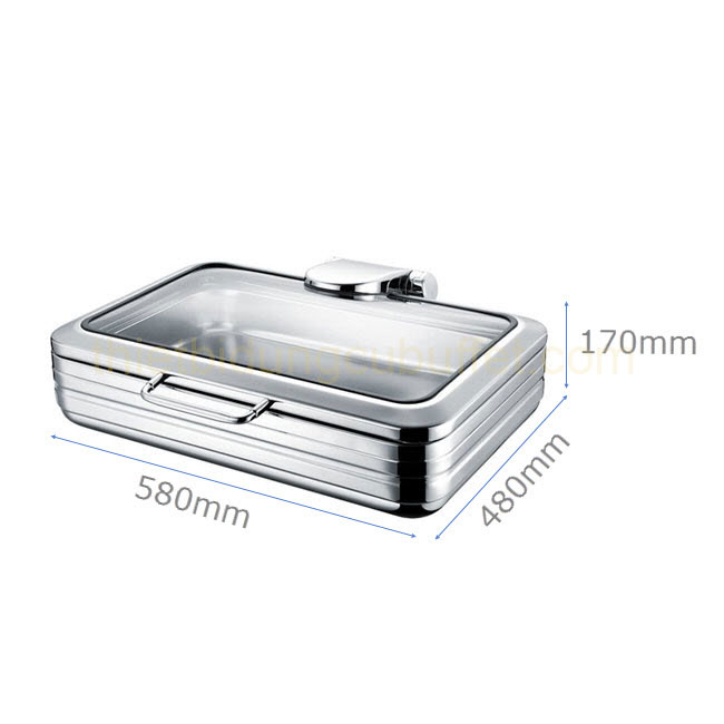 Kích thước Nồi buffet chữ nhật inox 304 nắp kính thủy lực dùng trên bếp từ NF2168