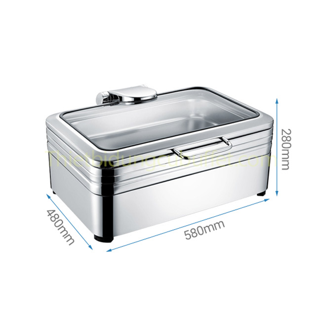 Kích thước nồi buffet chữ nhật inox 304 nắp kính thủy lực dùng điện
