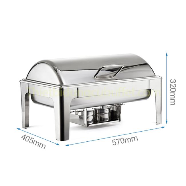 Kích thước nồi hâm nóng buffet chữ nhật nắp inox bản lề lò xo YH233