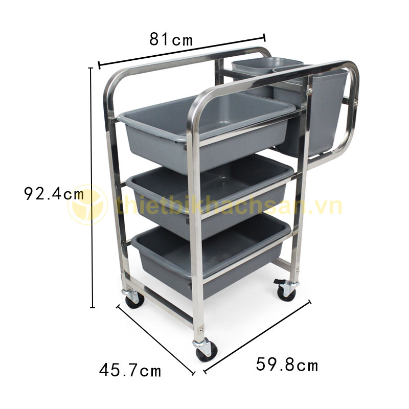 Kich thước xe đẩy thu dọn bàn ăn 3 tầng inox nhựa khung vuông